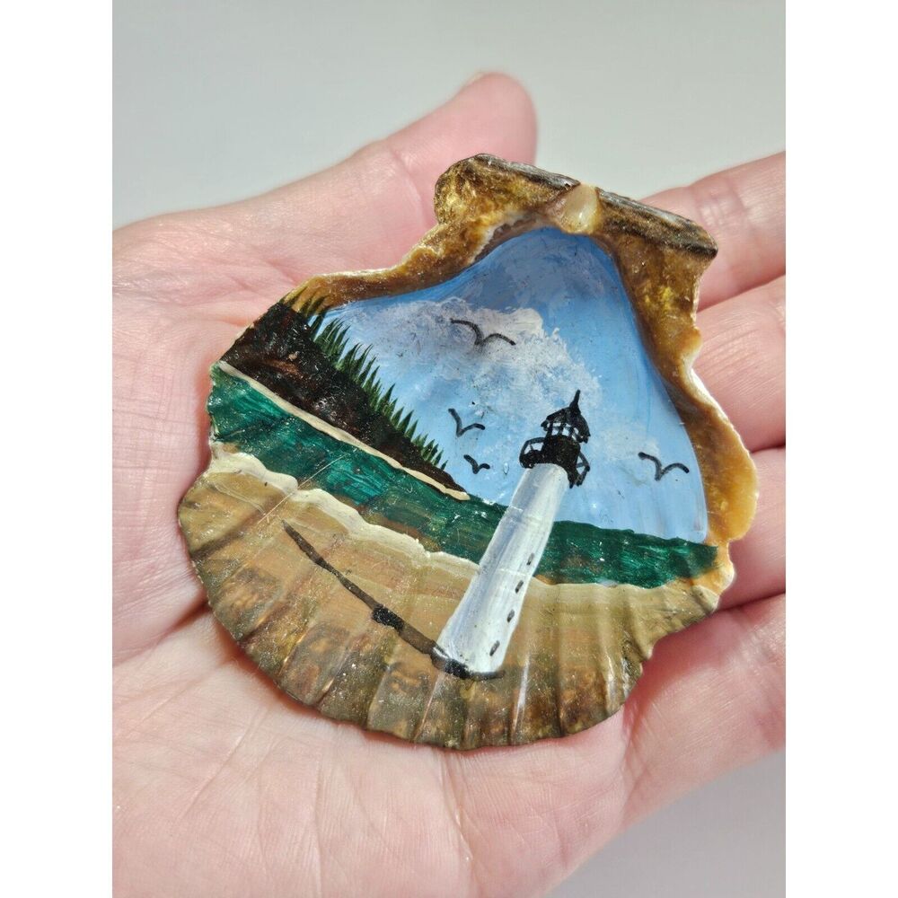 Vintage painted shell brooch blue green white lighthouse